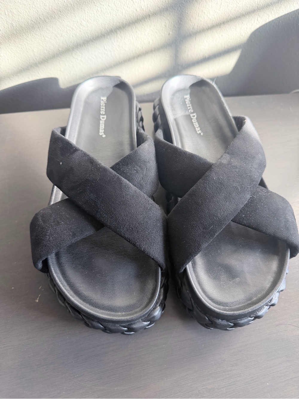 Pierre Dumas Black Crisscross Platform Slide Sandals